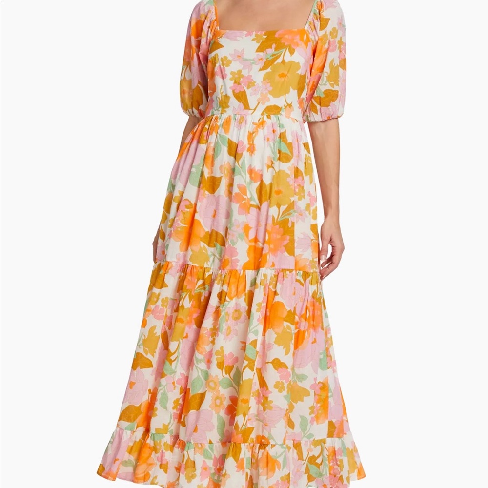 MILLE Manon Floral Cotton Tiered Maxi Dress Puff Sleeve Smocked Med- NWT